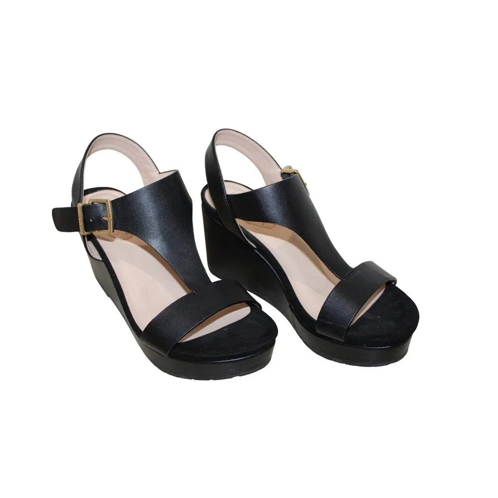 Kenneth Cole Reaction Card T-Strap Platform Wedge Sandal Womens 5 Black